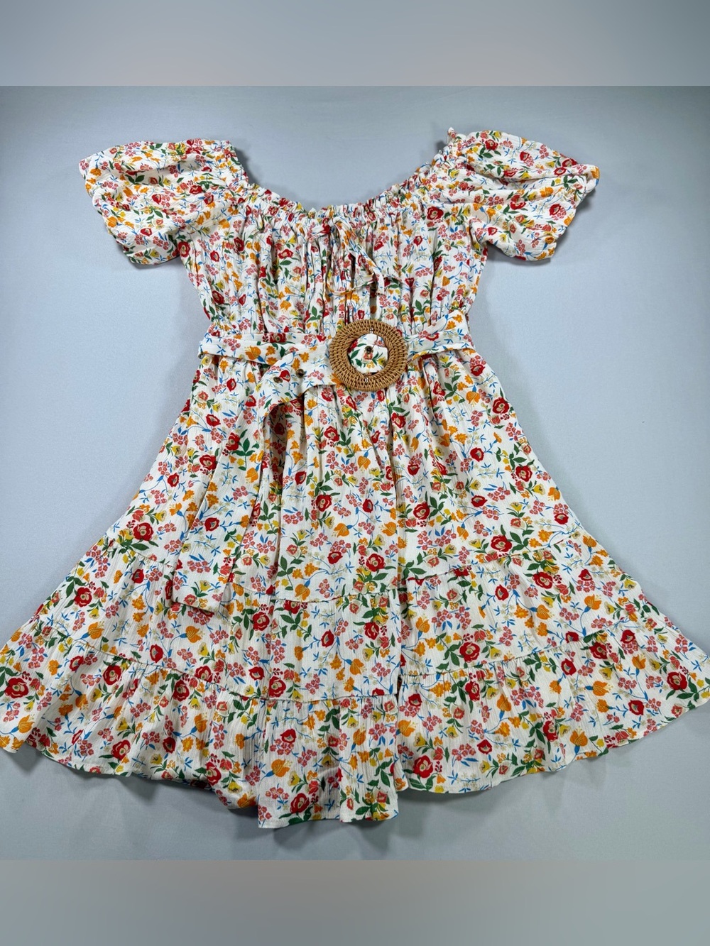 G.P.D. Floral Off Shoulder Mini Dress M Cottagecore Puff Sleeve Belted